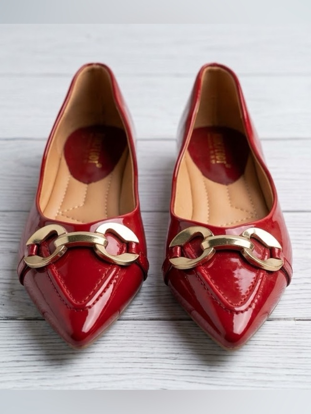 MINGFEIDI Red Patent pointed-Toe Ballet Flats with Gold Buckle Size 38 Fits 6.5